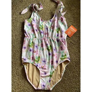 Kortni Jeane Size XL Purple Floral One Piece Swimsuit Tie Shoulder V Neck NWT
